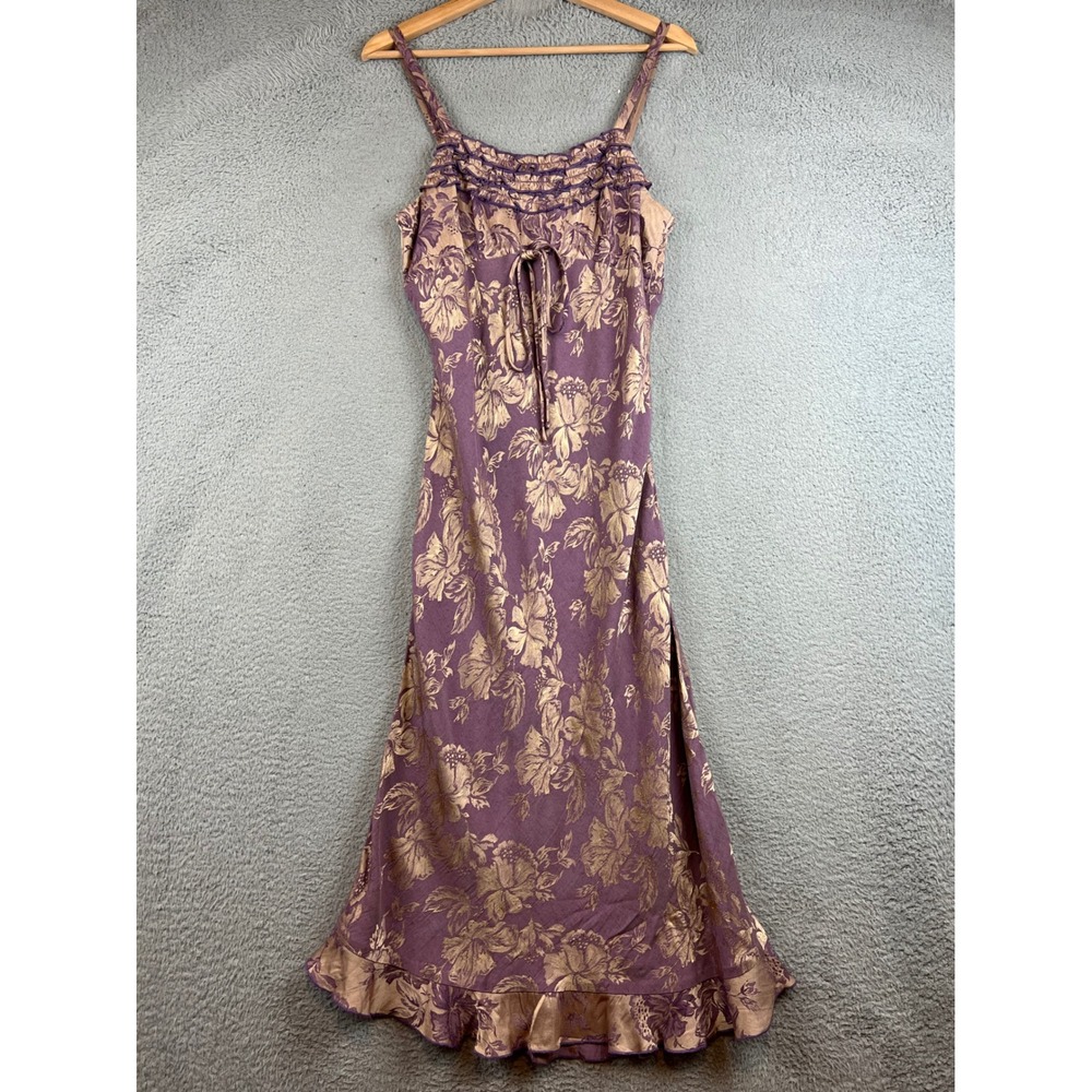 Vintage Tessuto Purple Gold Floral Jacquard Ruffle Midi Dress Womens Small